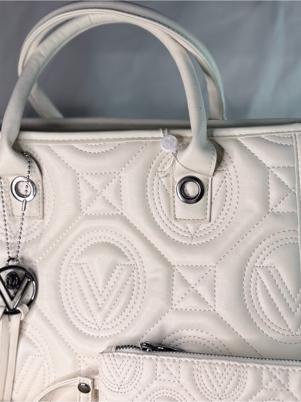 White Quilted Tote Handbag with Crossbody Strap & Matching Pouch